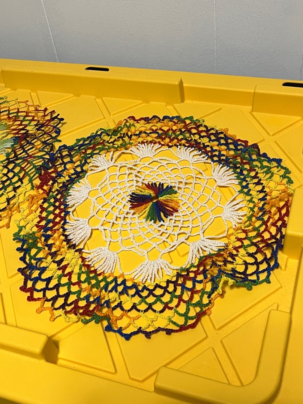 Multi-colored crochet Doilies Table cover/doily great condition
